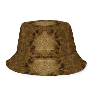 May include: A brown bucket hat with a geometric pattern of overlapping triangles and circles. The pattern is in a lighter shade of brown and appears to be a fractal design.