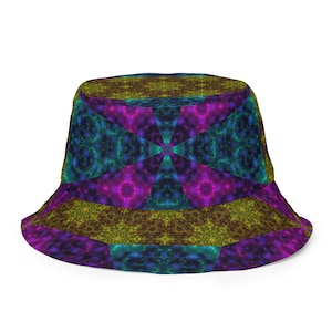 Reversible bucket hat with trippy sacred geometry  and a quilted psychedelic style for festivals or shade hat