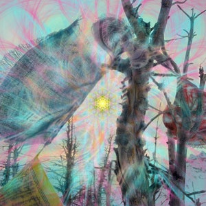 May include: A colorful abstract image with a bright yellow sun in the center.  The sun is surrounded by a swirling pattern of pink, blue, and green.  There are several trees in the background, and a few colorful prayer flags are hanging from the branches.