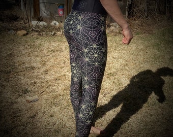 Tights with Sacred Geometry Flower Of Life great for  Yoga, Festival, Dance, Active, Running,  Hippie, Trippy Mandala.