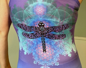 Tank top with dragon fly flower of life mandala flower of life original art , by Canadian artist printed and sewn in Canada. Trippy tank top