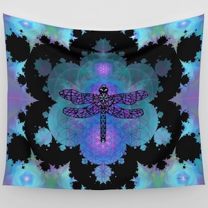 dragonfly wall tapestry with flower of life and sacred geometry art including Mandelbrot set fractals and psychedelic imagery by Aaron Enns