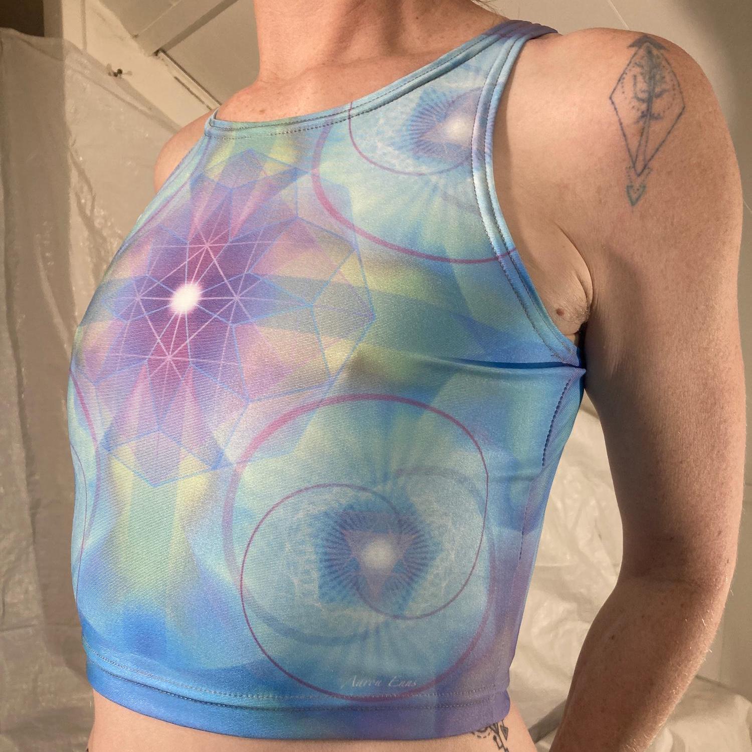 Crop top with flower of life sacred geometry mandala art for dance, festival, work out , yoga, run or party. Rainbow blue green and pink.