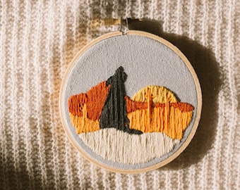 Southwest Embroidery | Desert Scene Hoop | Coyote Embroidery | Finished Embroidery Hoop