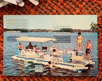 Endless Summer No. 2: Embroidered Vintage Postcard, Hand Embroidered Paper, Antique Postcard, Pontoon Boat, Americana