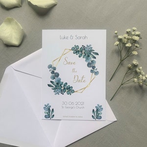 Watercolor Print Save The Date Classic Gold and Eucalyptus Design