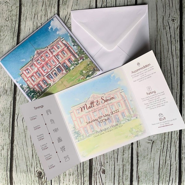 Watercolour Venue Gatefold Wedding Invitation