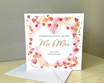 Mr & Mrs Wedding Card - Pink Gold Heart Border