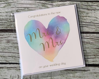 Mrs & Mrs Wedding Card Watercolour Heart - Same-Sex Couple LGBTQ