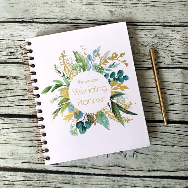 Gold Foil Gender Neutral Wedding Planner with Blue Floral Watercolour Print - LGBTQ Friendly & Unisex