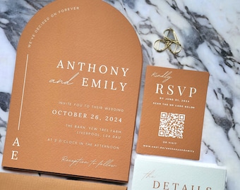 Terracotta Arch Wedding Invitation, Details Card, QR Code RSVP, Gold Clip, Modern Arch Wedding Suite