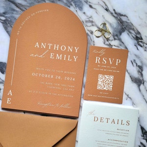 Terracotta Arch Wedding Invitation, Details Card, QR Code RSVP, Gold Clip, Modern Arch Wedding Suite