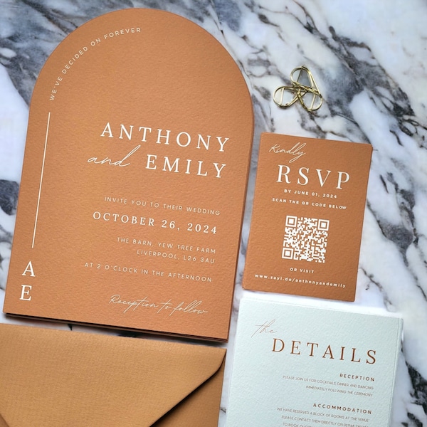 Terracotta Arch Wedding Invitation, Details Card, QR Code RSVP, Gold Clip, Modern Arch Wedding Suite