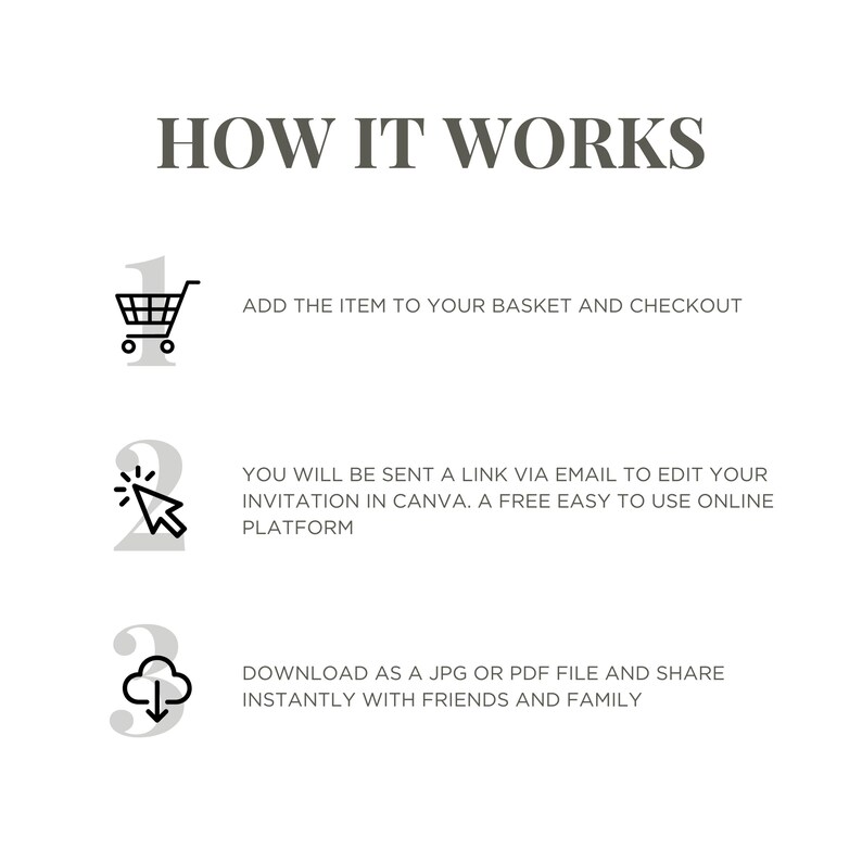 May include: A three-step guide on how to purchase and customize an invitation. Step one: add the item to your basket and checkout. Step two: you will be sent a link via email to edit your invitation in Canva. Step three: download as a JPG or PDF file and share instantly with friends and family.