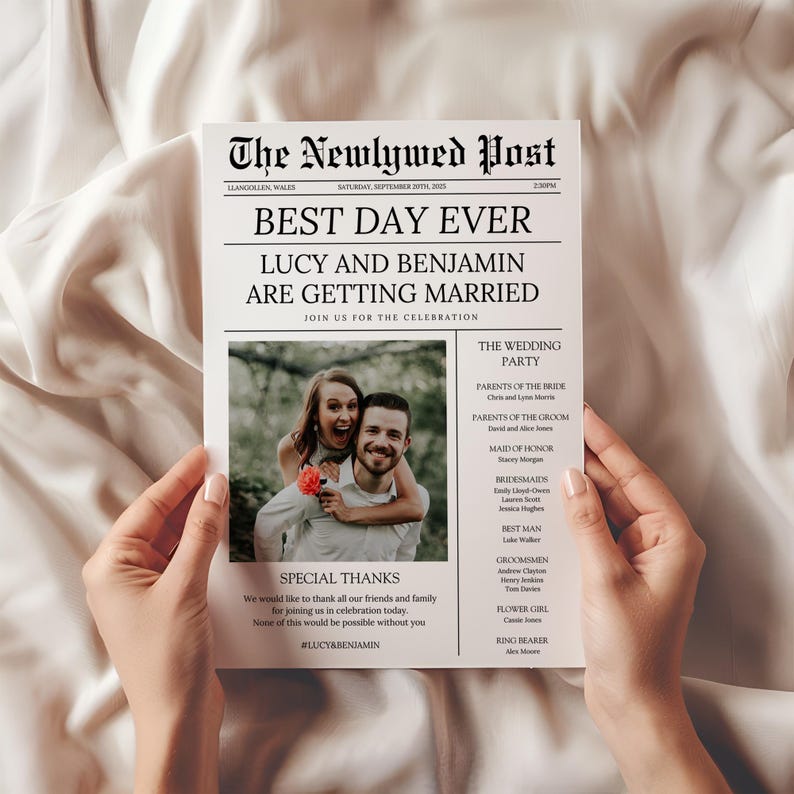May include: A wedding announcement in the style of a newspaper with a photo of the couple, the headline "Best Day Ever", and the names Lucy and Benjamin. The announcement includes the wedding party and a special thanks section.