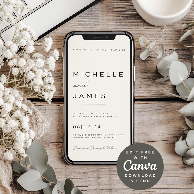 May include: A minimalist wedding invitation on a smartphone screen. The invitation is for Michelle and James, with the date 08|06|24 and the location Sparthouse, Clayton-le-Moors. The invitation also includes the text "Dinner and Dancing to Follow".