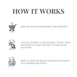 May include: How it works: A three-step guide to creating a custom invitation. 1. Add the item to your basket and checkout. 2. You will be sent a link via email to edit your invitation in Canva. 3. Print at home or online and share instantly with friends and family.