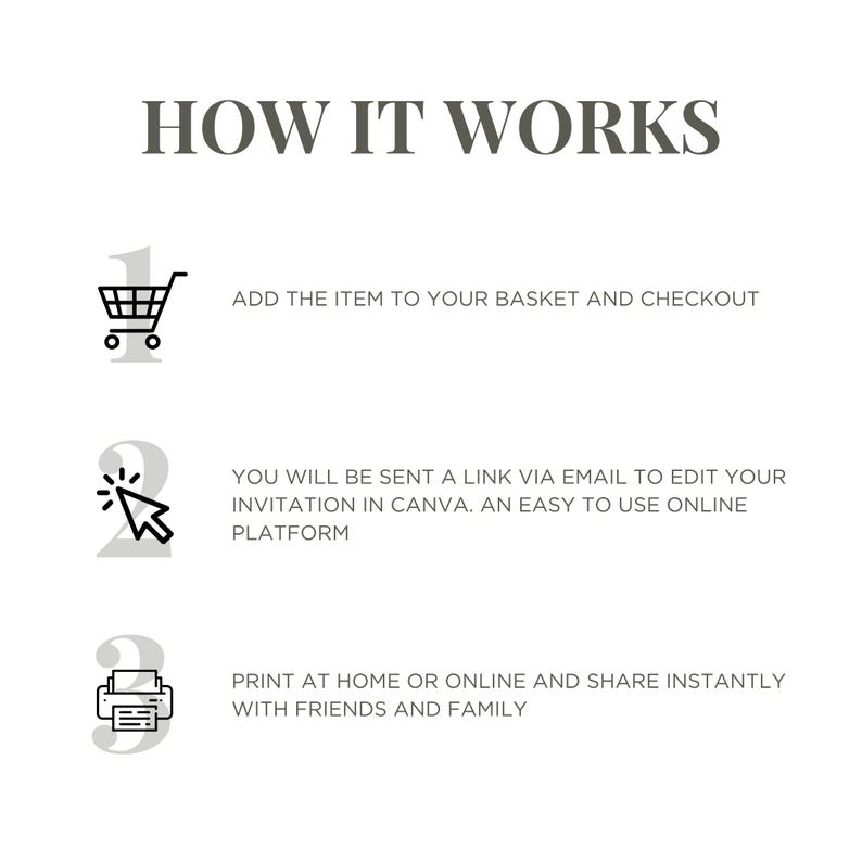 May include: How it works: A three-step guide to creating a custom invitation. 1. Add the item to your basket and checkout. 2. You will be sent a link via email to edit your invitation in Canva. 3. Print at home or online and share instantly with friends and family.