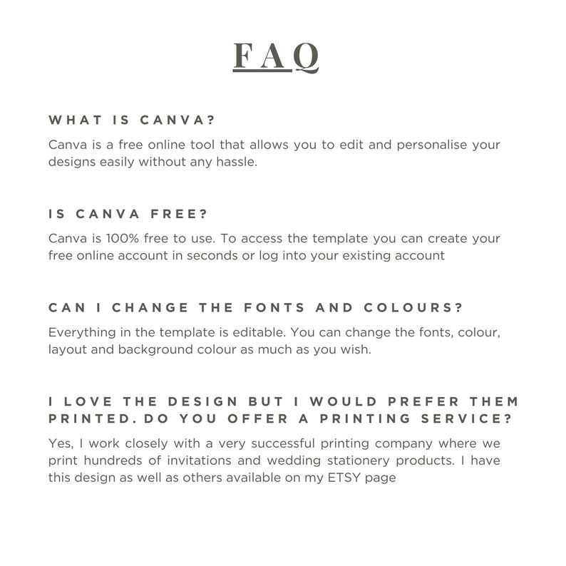 May include: FAQ about Canva, a free online design tool.  Learn how to use the tool, change fonts and colors, and get your designs printed.