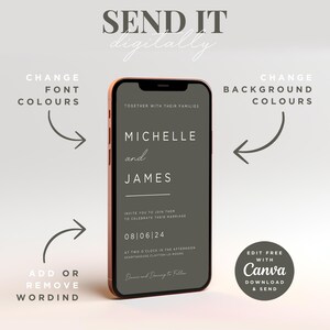 May include: A digital wedding invitation template on a smartphone screen. The template features a dark gray background with white text. The text reads "Together with their families, Michelle and James, Invite you to join them to celebrate their marriage, 08/06/24, at two o'clock in the afternoon, Sparthouse Clayton-le-Moors, Dinner and Dancing to Follow, Edit Free with Canva, Download & Send".