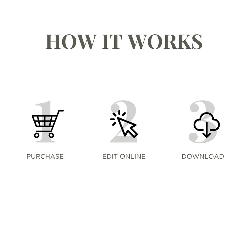 May include: How it works: 1. Purchase, 2. Edit online, 3. Download.  A three-step process is illustrated with icons: a shopping cart, a cursor clicking, and a cloud with a download arrow.