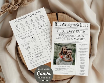 Plantilla editable para programa de boda en formato periódico: Newlywed Times (Descarga digital)