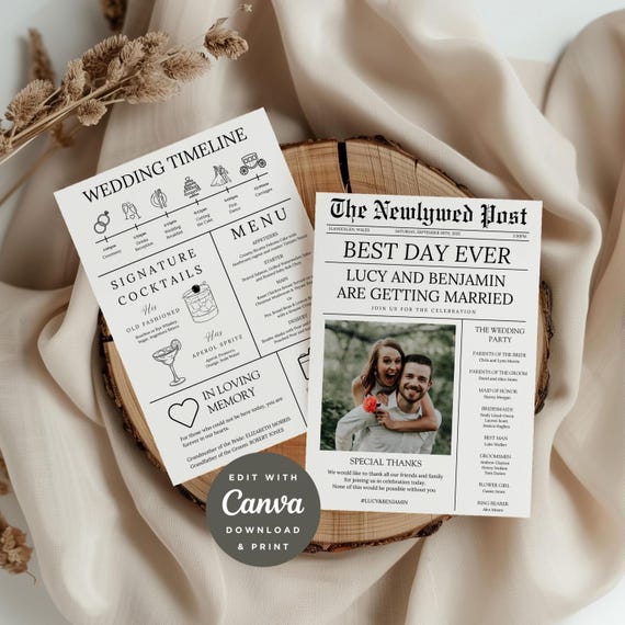 Editable Newspaper Wedding Program Template: Newlywed Times (Digital Download)