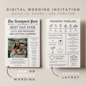 May include: A digital wedding invitation template with a newspaper-style design. The template features a photo of a couple, a wedding timeline, a signature cocktail menu, and a section for special thanks. The text reads "Best Day Ever" and "Lucy and Benjamin are getting married".
