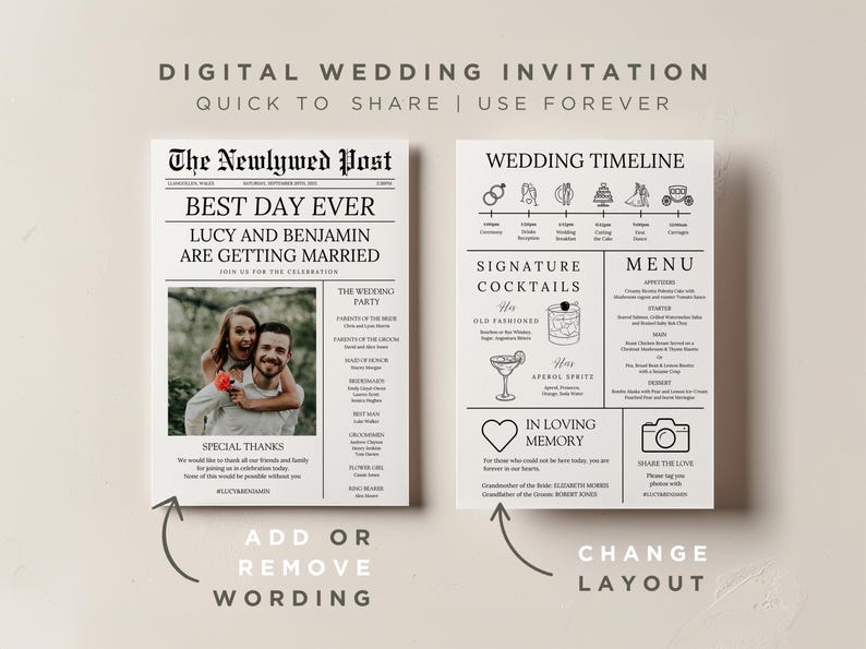 May include: A digital wedding invitation template with a newspaper-style design. The template features a photo of a couple, a wedding timeline, a signature cocktail menu, and a section for special thanks. The text reads "Best Day Ever" and "Lucy and Benjamin are getting married".