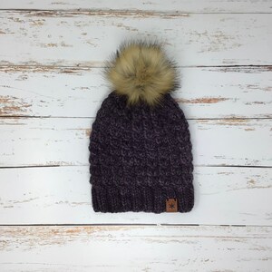 Eggplant Women&#39;s Beanie, Hand Knit Hats, Homemade Hat, Wool Hats, Gifts for women, Ladies Beanies, Pom Pom Hats, Womens Winter Hats, Beanies