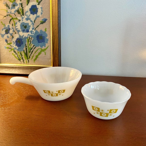 Vintage Fire King Starglow Milk Glass Set of 2 Coordinating Bowls Snowflake Gold Checkerboard Atomic Starburst Excellent Condition