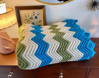 Vintage Handmade Crochet Throw Blanket Chevron Blue, White + Olive Green 70's Beautiful Condition 56" x 72"