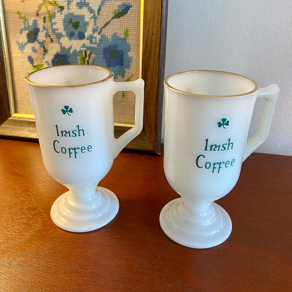 Vintage Irish Coffee Set of 2 Footed Mugs White Milk Glass with "Irish Coffee" Printed Green Both Sides Gold Rims Excellent Condition