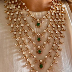Long Panchlada Emerald Necklace Set Five Layered Bridal Haar Traditional Sabyasachi Inspired Jewelry Victorian Polki Mala Wedding Jewelry