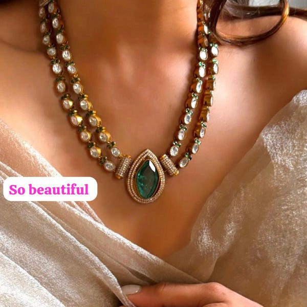 Conjunto de colar Kundan com acabamento em ouro, colar duplo verde esmeralda, joias de casamento Polki