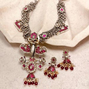 Antique Oxidized Silver Peacock Necklace Set with Ruby Pink Stones,Traditional Indian Temple Jewelry,Statement Long Pendant Jhumka Set,Gift