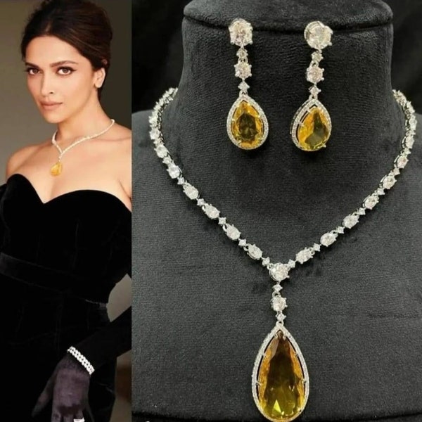 Deepika Padukone Oscar Inspired Faux Yellow Topaz Zirconium Diamond Necklace With Earrings  /Art Deco CZ Diamond Bridal Halo Jewelry Set