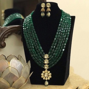 Meena kundan Long Emerald Green Pearl Necklace With Earrings/Long Mala/Sabyasachi Indian Necklace/Pakistani Jewelry/Long ranihaar