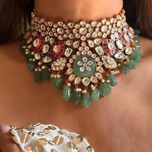 Kundan Brudchoker: Guldpläterad, Rubin, Mintgrön, Jadau Smycken bild 2