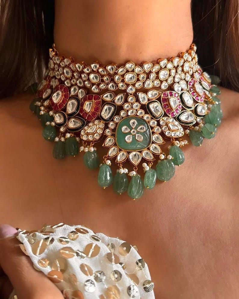 Kundan Brudchoker: Guldpläterad, Rubin, Mintgrön, Jadau Smycken bild 2