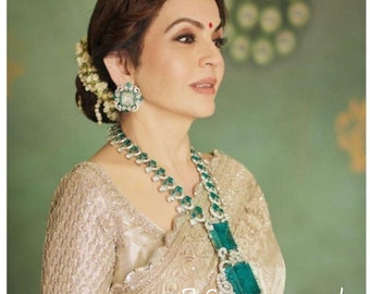 Nita Ambani inspired green long necklace Statement necklace  / Celebrity jewelry /american diamond necklace /