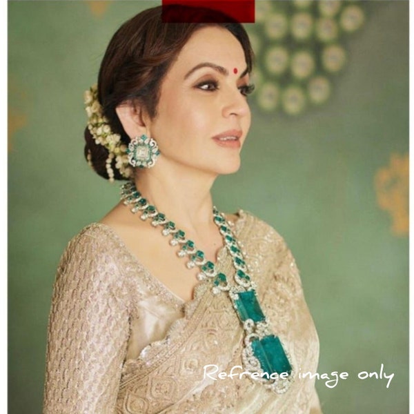 Nita Ambani inspired green long necklace Statement necklace  / Celebrity jewelry /american diamond necklace /