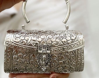 Handmade Brass Metal Antique Clutch: Indian Silver Carved Purse