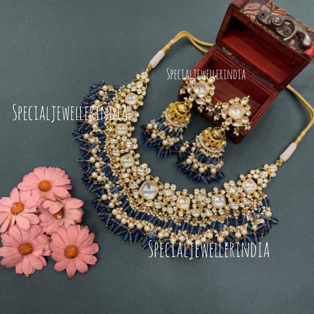Set Gioielli Indiani Sposa Bollywood – Collana Girocollo E Orecchini Kundan Placcato Oro