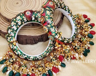 Gold Plated Kundan Meenakari and Pearls Pacheli Bangles for