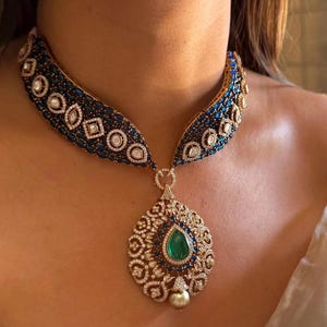 Blue Kundan Necklace Sabyasachi Victorian Polki Diamond Necklace Blue Stone Indian Polki Necklace Pakistani Choker India Bridal Choker