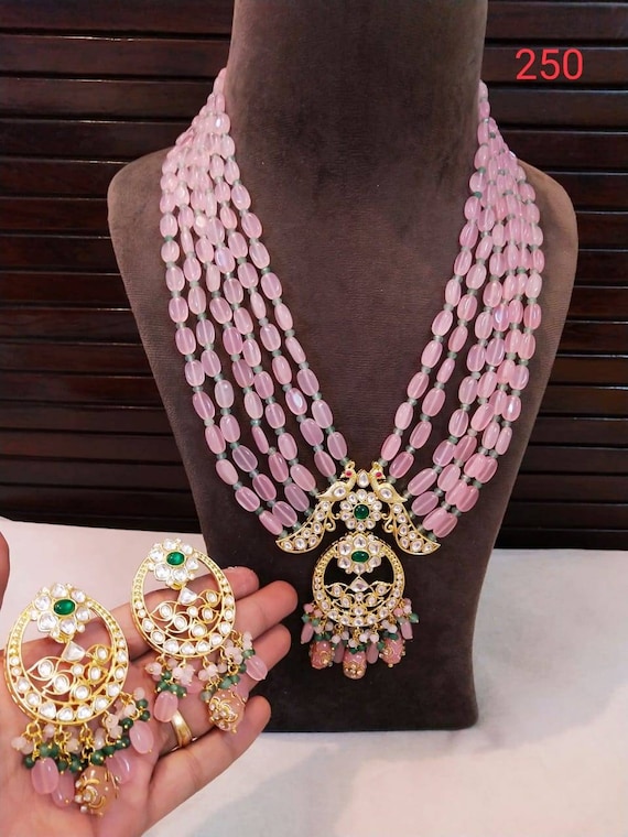 Natural Floriad Beads Long Necklace Kundan Pendant Necklace Set Stone Jewelry Natural Beads Jewelry Beads Necklace Sabyasachi Jewelry Etsy