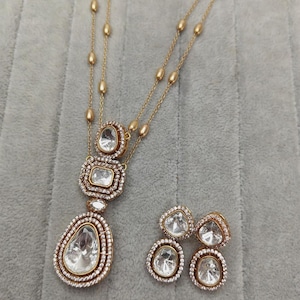 Fine Gold Finish Doublet Stones Uncut Moissanite Polki Kundan Wedding Jewelry Necklace Set with Earrings Sabyasachi Jewelry