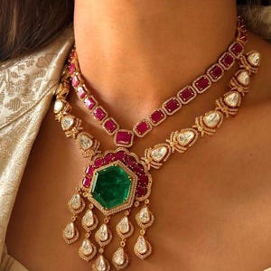 MONISHA Polki Kundan Heritage Emerald Green Ruby Pink Kundan Bridal Jewelry Necklace Sabyasachi Inspired Multicolor Coller Bridal Indian Set