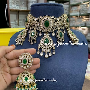 Fine Gold Finish Emerald Green Doublet Stones Uncut Moissanite Polki Kundan Wedding Jewelry Necklace Set with Earrings Sabyasachi Jewelry